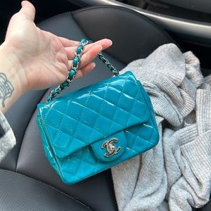 Chanel Classic Mini Square Turq Patent Leather Bag